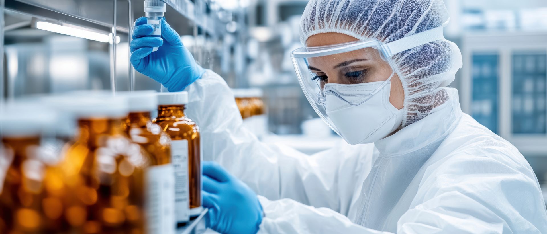 A laboratory professional carefully handles a vial in a sterile environment, showcasing precision in pharmaceutical research.